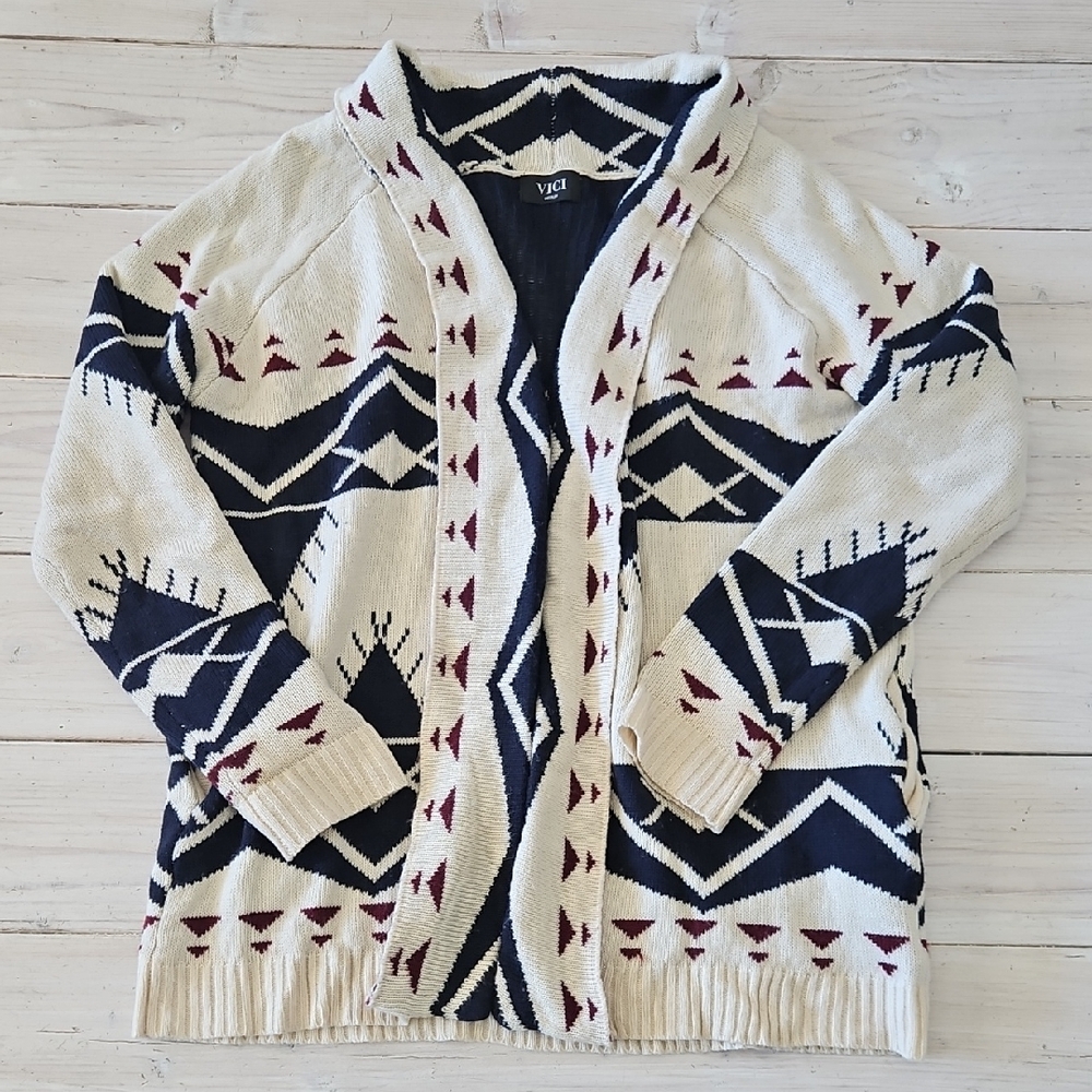 Vici Geometric Cream and Navy Cardigan